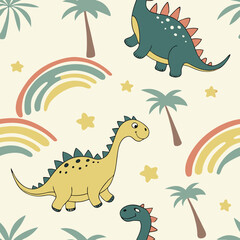 Cute dinosaurs with rainbows and palm trees in playful pattern