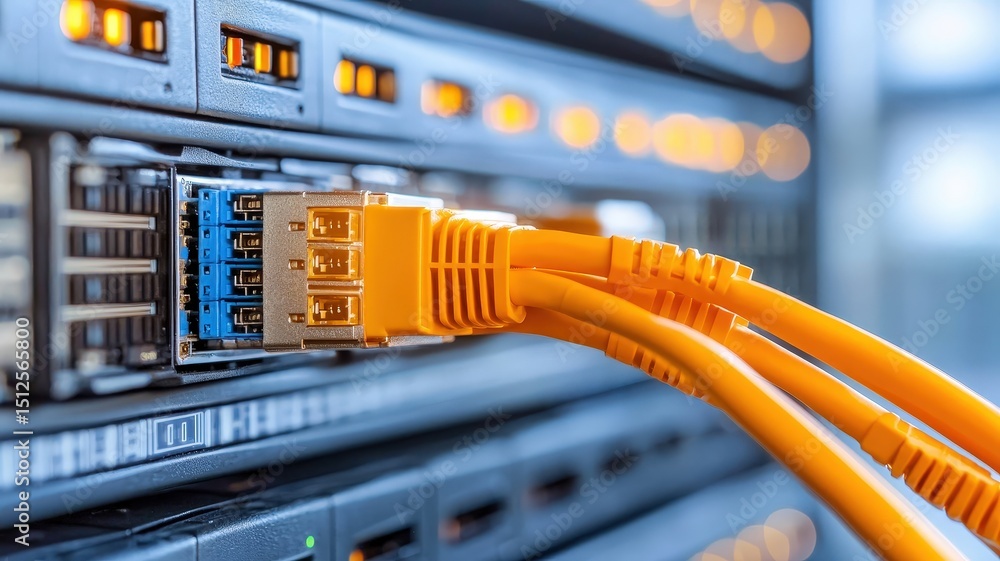 Poster close-up of network cables connecting to a server, showcasing technology infrastructure.