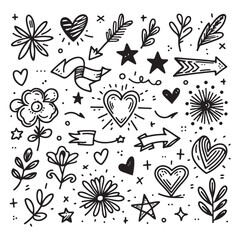 cute glitter pen line elements. Heart, arrow, star, sparkle decoration symbol set. Simple sketch line style emphasis, attention, effect hand drawn shapes. Vector illustration 