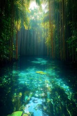 Obraz premium Emerald Paradise: An ethereal vista of a serene, crystal-clear body of water snuggled by lush, dense foliage. Sunlight filters through the canopy.