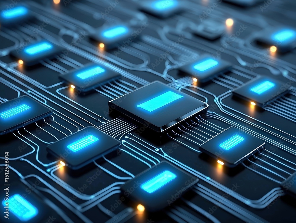 Poster futuristic circuit board with glowing components and intricate connections.
