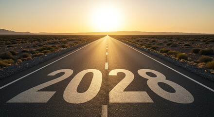 Desert highway at sunset with the year 2028 painted on the road.
