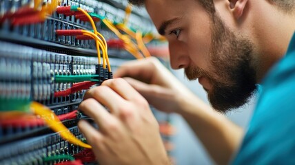 Focused technician working on complex wiring in a server room.