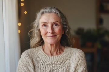 Serene Portrait of a Content Woman in Her 60s Styled in a Cozy Sweater within a Peaceful Studio Environment