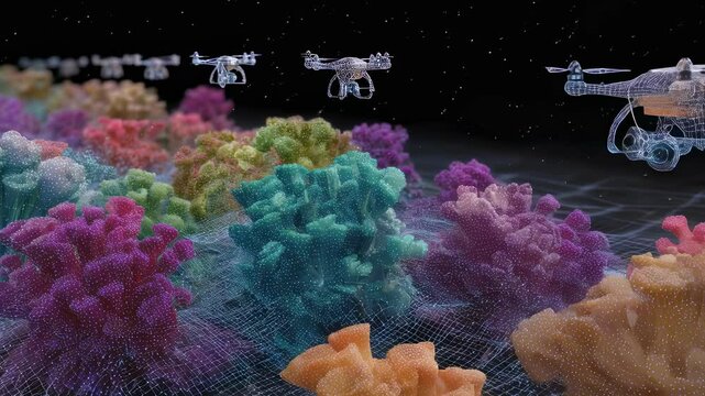 Transparent drones monitoring colorful mycelia growth across supportive mesh, capturing intricate network development and potential pheromone adjustments in agricultural research environment