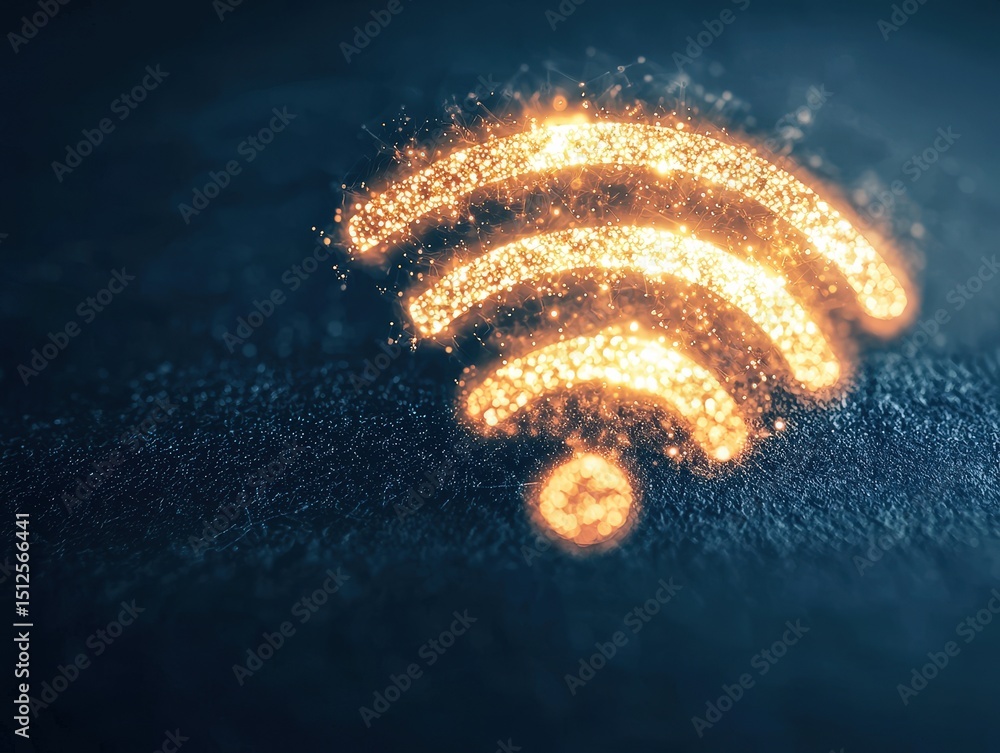Poster digital wifi symbol illuminated with sparkling light effects against a dark background.