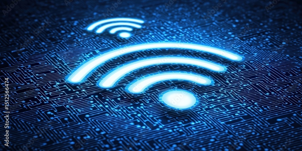 Aufkleber digital image of a circuit board with wi-fi signal icons glowing in blue.