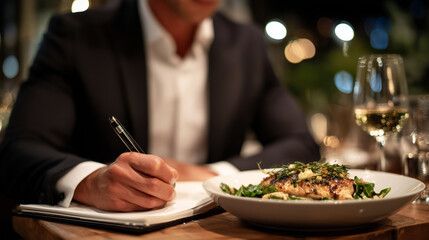 A close-up of a food critic taking notes while elegantly sampling dishes under soft table lighting