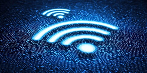 Digital image of a circuit board with Wi-Fi signal icons glowing in blue.