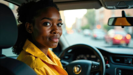 Obraz premium Portrait of a young African American woman with curly hair drives a taxi. She wears a bright yellow jacket and smiles at the camera