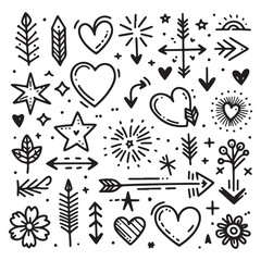 cute glitter pen line elements. Heart, arrow, star, sparkle decoration symbol set. Simple sketch line style emphasis, attention, effect hand drawn shapes. Vector illustration 