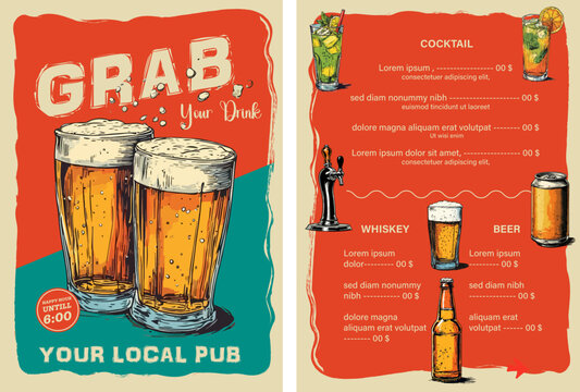 Vintage-style pub menu design hand-drawn illustrations beer mugs, cocktail glass, whiskey, and beer elements in a vintage style with bold red and teal accents