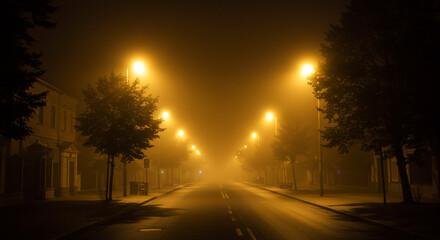Foggy road with trees and bright streetlights, mysterious urban scene.
