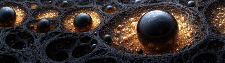 A complex interplay of black spheres and golden particles weaves a rich, textured background