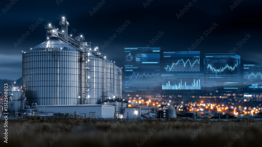 Poster a futuristic grain elevator with digital monitoring displays tracking quality and temperature in rea