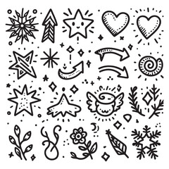 cute glitter pen line elements. Heart, arrow, star, sparkle decoration symbol set. Simple sketch line style emphasis, attention, effect hand drawn shapes. Vector illustration 