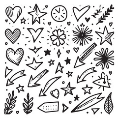 Fototapeta premium cute glitter pen line elements. Heart, arrow, star, sparkle decoration symbol set. Simple sketch line style emphasis, attention, effect hand drawn shapes. Vector illustration 