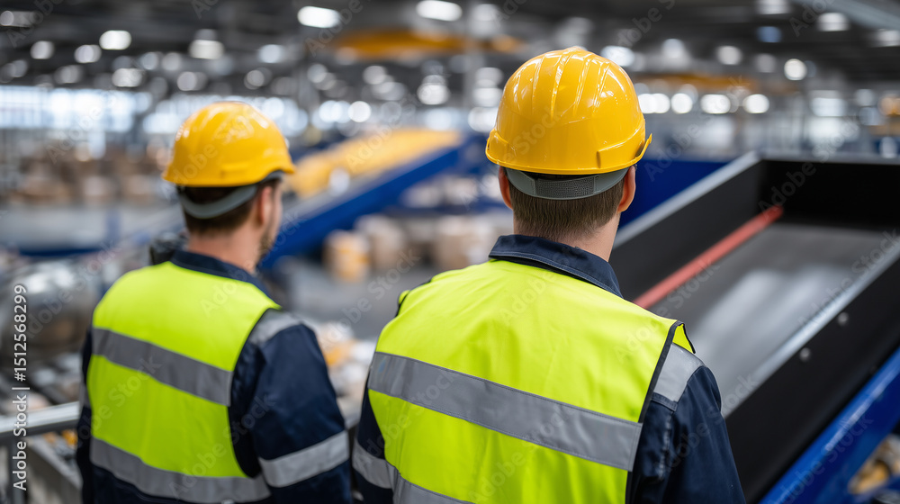 Poster workers in safety gear inspecting automated sorting machines for corn kernels in a logistics hub