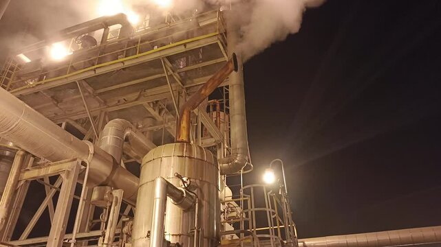 The boiler blowdown tank is emitting steam during the combustion process in a steam power plant at night