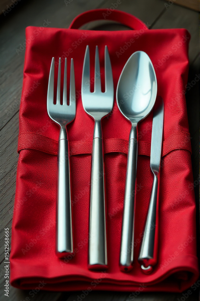 Poster a set of silverware arranged on a red napkin, ideal for use in photography or graphic design
