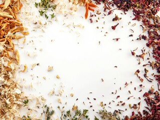 Bird's Eye Perspective of Traditional Chinese Herbal Remedies on a Clean White Surface