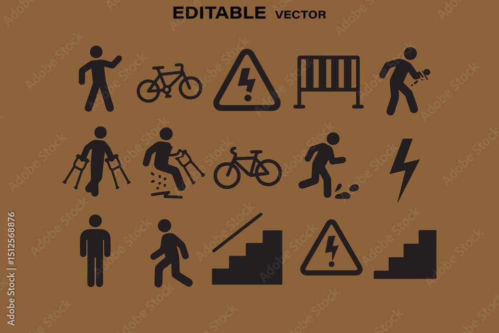 Poster set of black pictograms representing various activities hazards and accessibility features in public