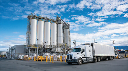 A fertilizer blending plant with silos, mixers, and trucks loading bags under a clear sky
