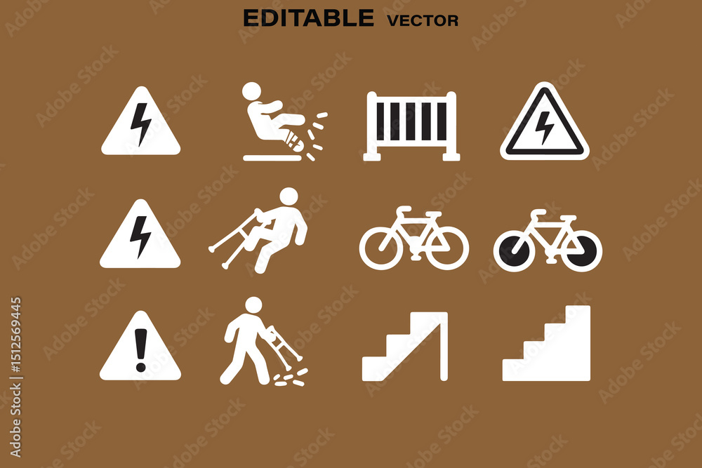 Aufkleber collection of editable vector icons representing hazards warnings and accessibility isolated on a br