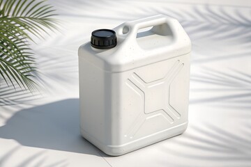 Obraz premium high-resolution 3d render of a white plastic fuel canister or jerry can with black cap on wooden floor in natural sunlight