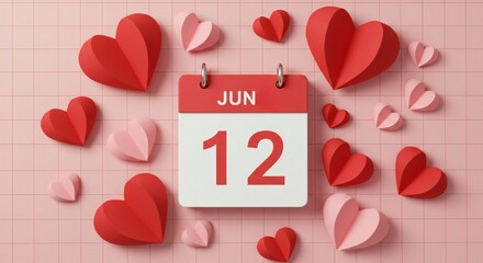 Calendar showing june twelfth surrounded by red and pink paper hearts on pink grid background
