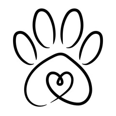 Paw Print with Heart Connected – Minimal Line Art Pet Icon for Animal Lovers and Rescue Design
