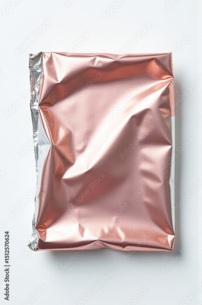 Poster a pink foil bag resting on a clean white surface, ready for use or display