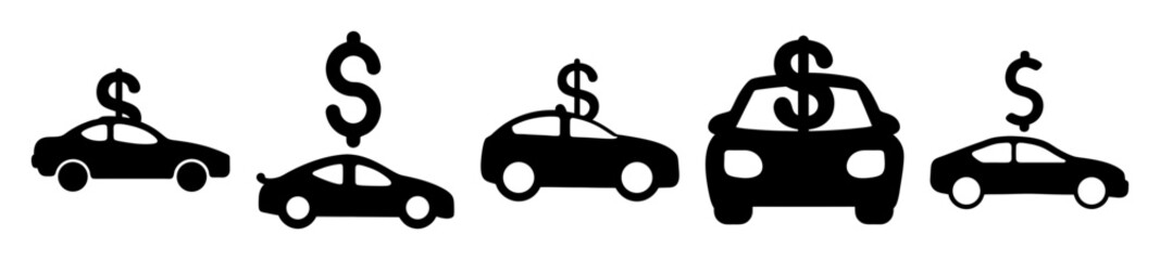 Car prices concept showcasing black silhouettes with dollar signs on a white background