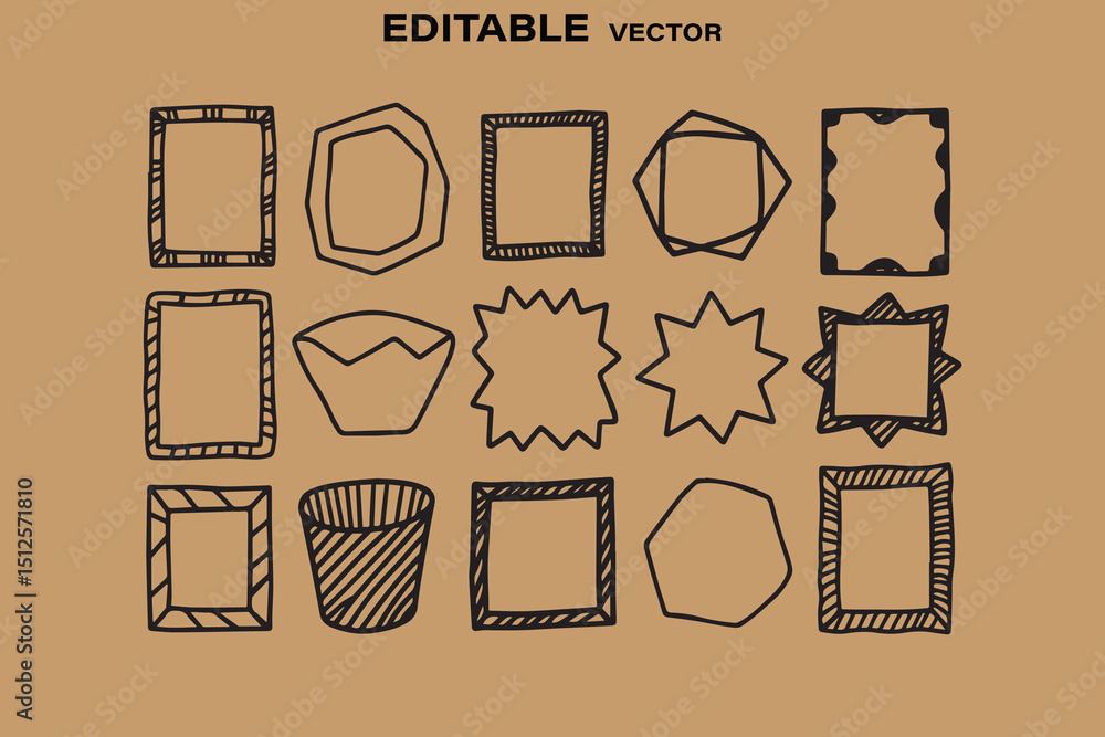 Poster hand drawn doodle frames and shapes vector set for design elements and creative projects on brown ba