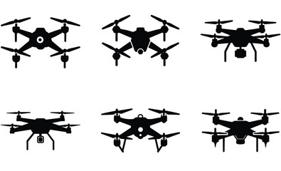 Silhouetted drone collection various styles and designs against a clean white background
