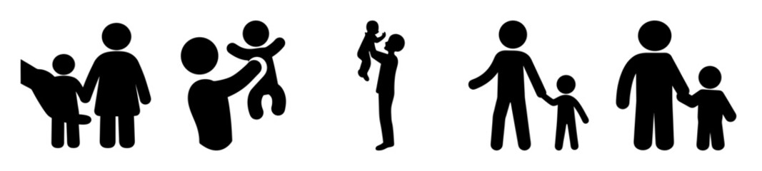 Various depictions of a parent and child stick figure silhouette illustrations