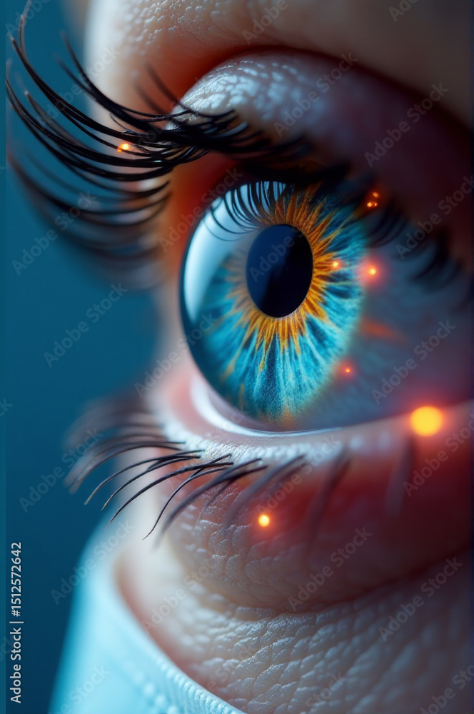 Poster a detailed view of an eye with the iris emitting a soft glow