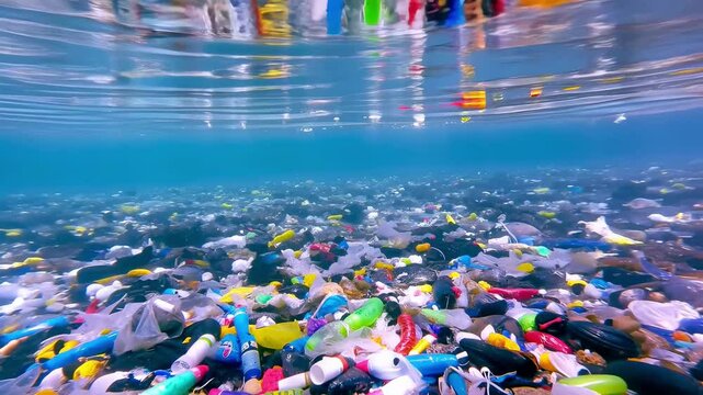 Ocean Plastic Crisis: Marine Debris Field with Bottles, Bags and Waste Floating. Vast Ocean Contaminated with Plastic Debris.