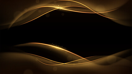 Abstract Gold Wave on Dark Background with Lighting Effect and Sparks, Vector Illustration