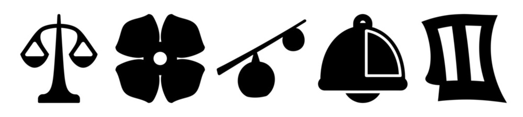 A set of stylized black and white icons representing various symbols