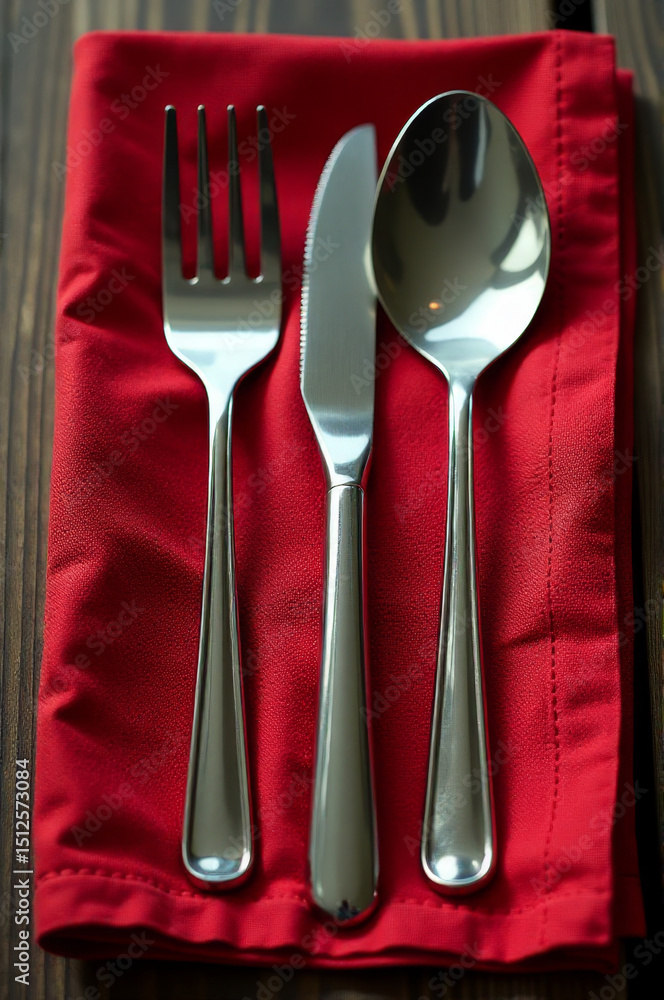 Poster a red napkin with two silver spoons and a fork, perfect for a dinner setting or as a decorative item