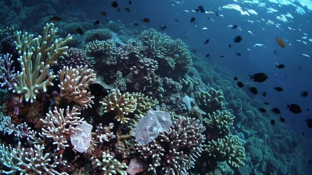 Coral Reef Crisis: Underwater Footage of Plastic Waste Accumulation Destroying Marine Ecosystem. Environmental Damage to Fragile Ocean Habitat