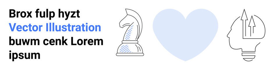 Chess knight, blue heart, and head with upward arrows highlighting strategy, creativity, innovation, teamwork, emotional intelligence. Ideal for business strategy, personal development simple