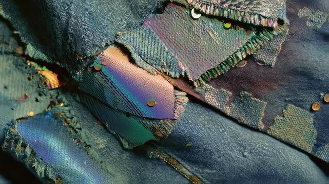 Recycled denim patches, adorned with sequins and shimmering iridescent materials, showcase the innovative use of enzyme treatments and wastewater derived dyes in sustainable textile practices