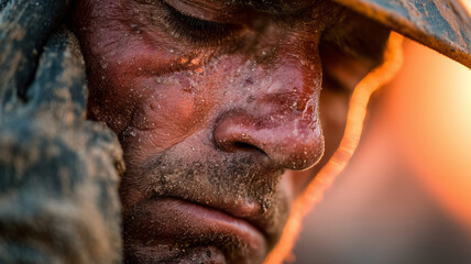 Construction worker diligently wiping sweat in the heat of the day
