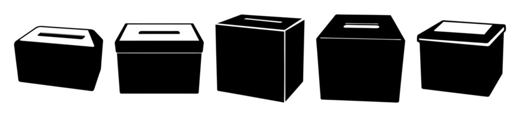 Five different perspective views of black ballot boxes or donation boxes