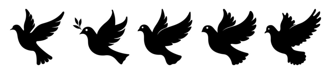 Collection of Flying Dove Silhouettes Symbolizing Peace Freedom and Spirituality in Black