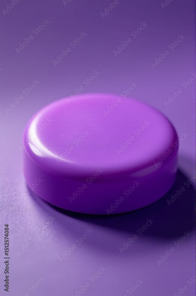 Poster a small purple button sits atop a table, possibly awaiting use or attention