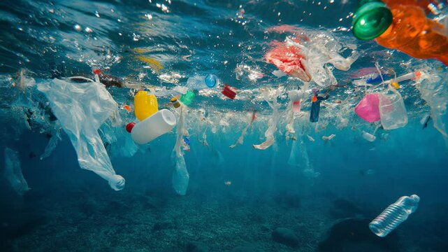 Marine Pollution Emergency: Vast Ocean Contaminated with Plastic Debris. Underwater View of Aquatic Life Struggling Among Floating Bottles and Waste