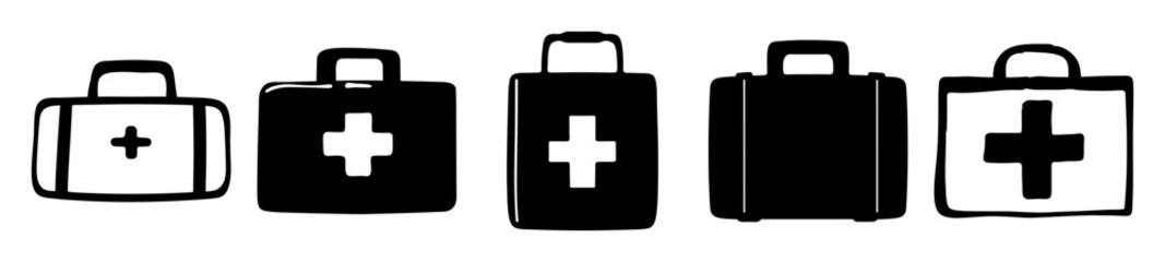 Variety of simple First Aid Kit bags silhouettes in black and white